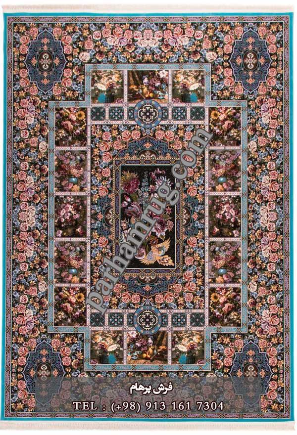 فرش 1000 شانه طرح باغ ارم آبی 